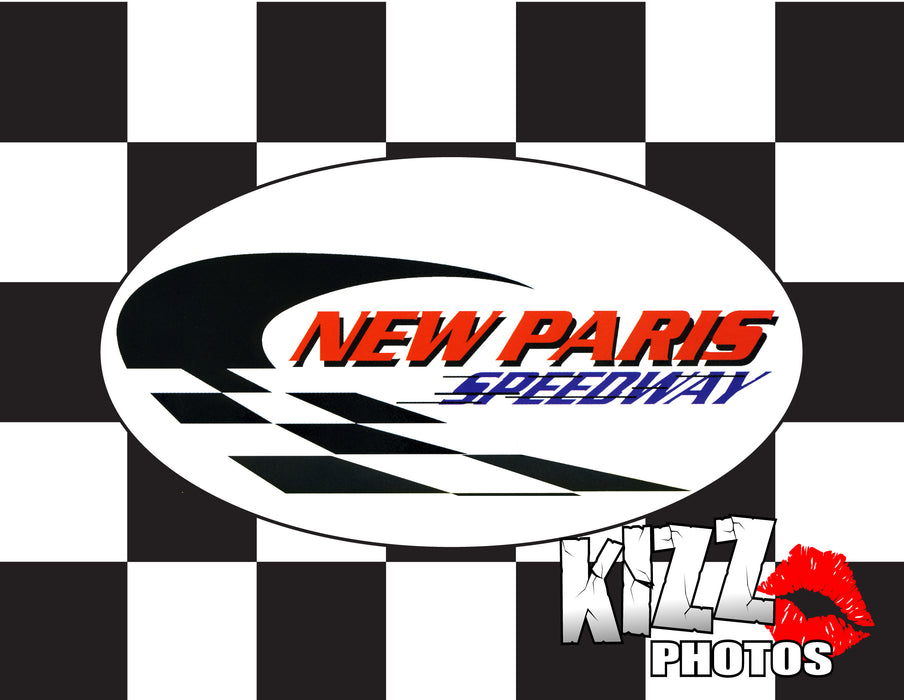 Kim Jager - New Paris Speedway - Kizz Photos Custom Checkered - 24"x30" - Nylon - Single Reverse - Stapled to 32"x5/8" Dowel