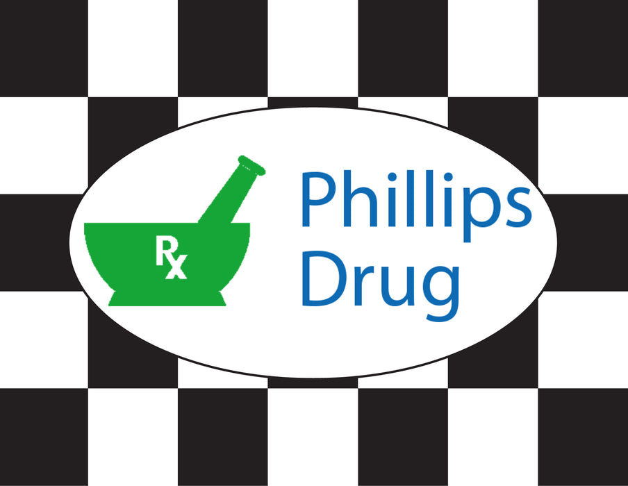 Phillips Drug Printed Checkered Flag - 24"x30" - Nylon - Single Reverse - Stapled to 32"x5/8" Dowel