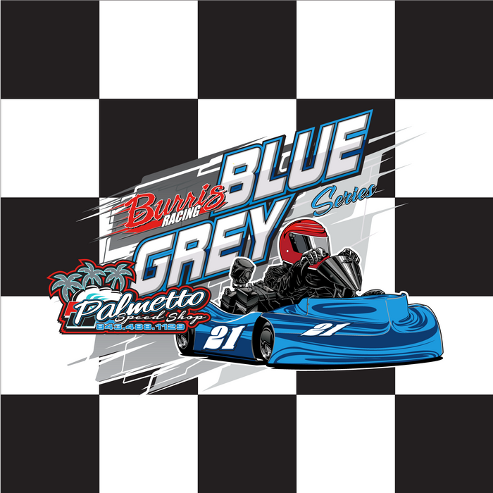 TRJ Karting Burris Blue Grey Palmetto Custom Flag - 24"x24" - Nylon - Single Reverse - Mounted on 32"x5/8" Dowel